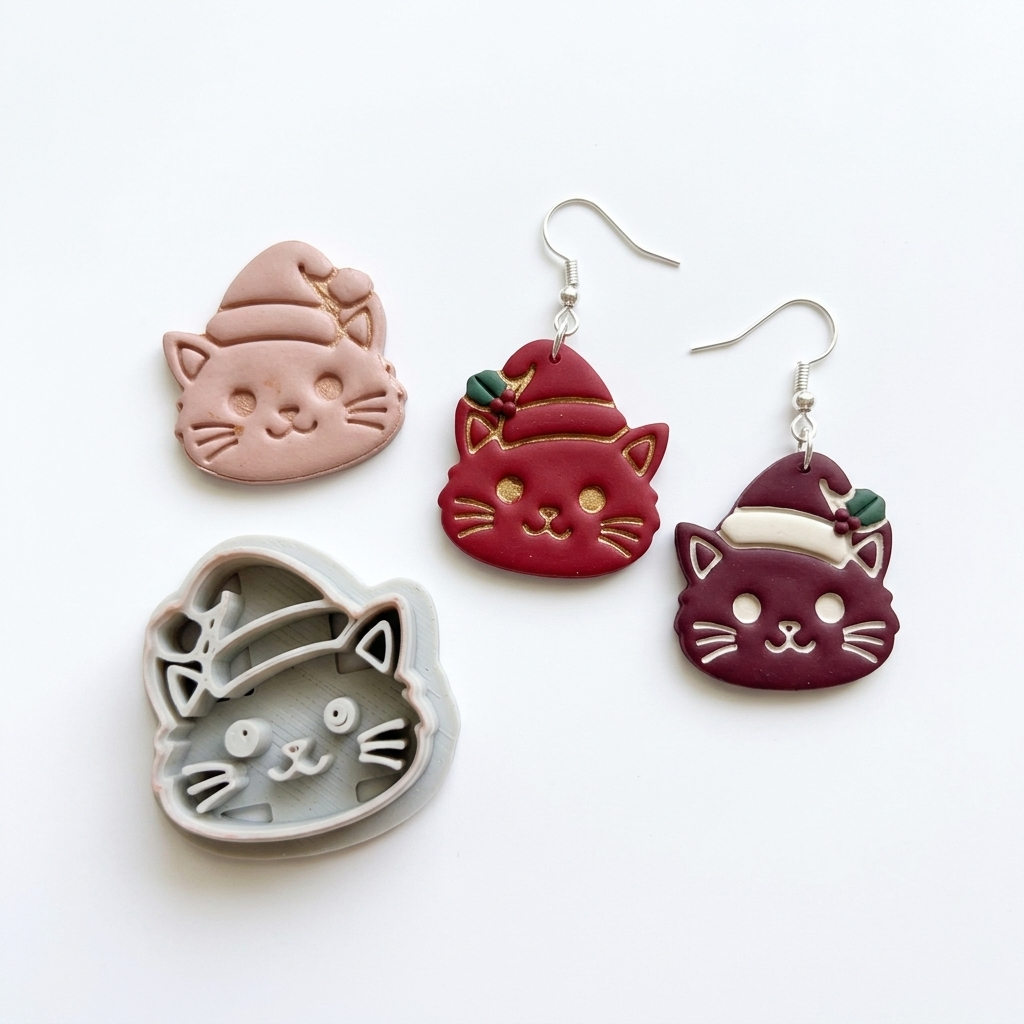 Cat in Santa Hat Polymer Clay Cutter | Cute Christmas Earring Tool