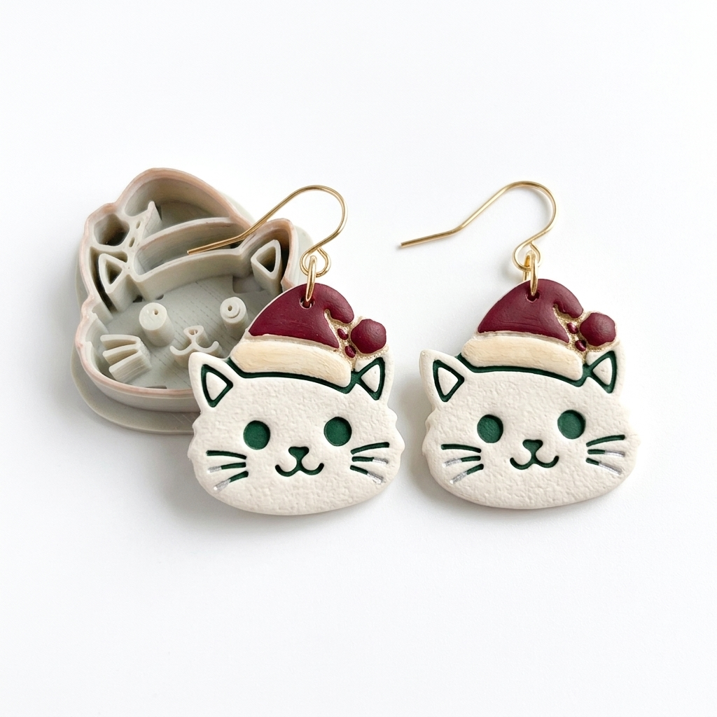Cat in Santa Hat Polymer Clay Cutter | Cute Christmas Earring Tool