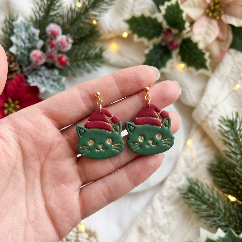 Cat in Santa Hat Polymer Clay Cutter | Cute Christmas Earring Tool