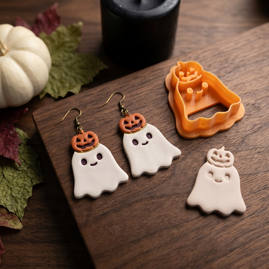 Cheerful Ghost with Pumpkin Hat Polymer Clay Cutter | Cute Halloween Tool