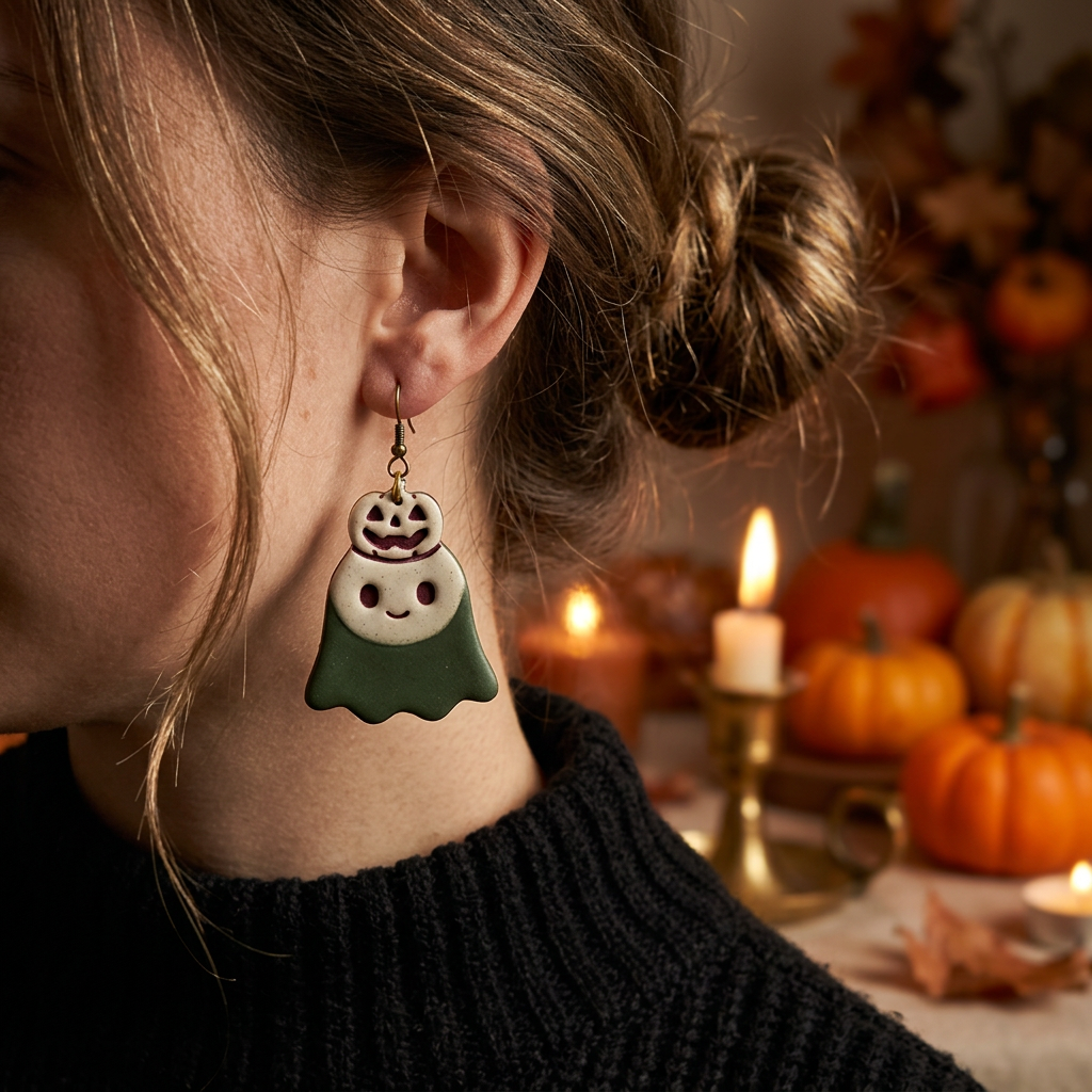 Cheerful Ghost with Pumpkin Hat Polymer Clay Cutter | Cute Halloween Tool