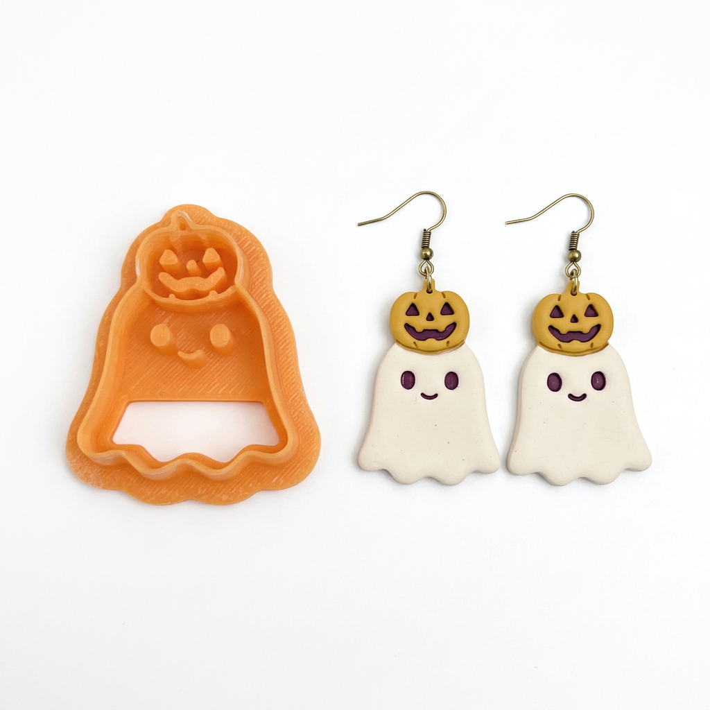 Cheerful Ghost with Pumpkin Hat Polymer Clay Cutter | Cute Halloween Tool