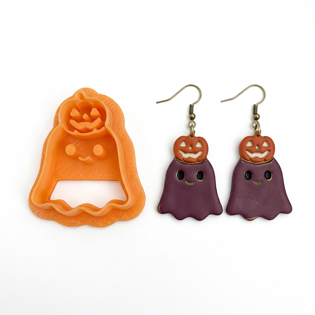 Cheerful Ghost with Pumpkin Hat Polymer Clay Cutter | Cute Halloween Tool