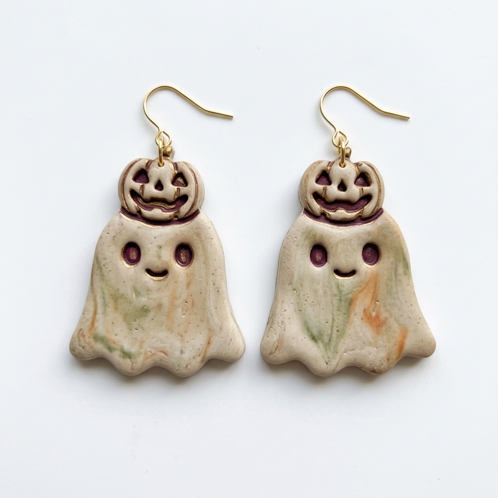 Cheerful Ghost with Pumpkin Hat Polymer Clay Cutter | Cute Halloween Tool