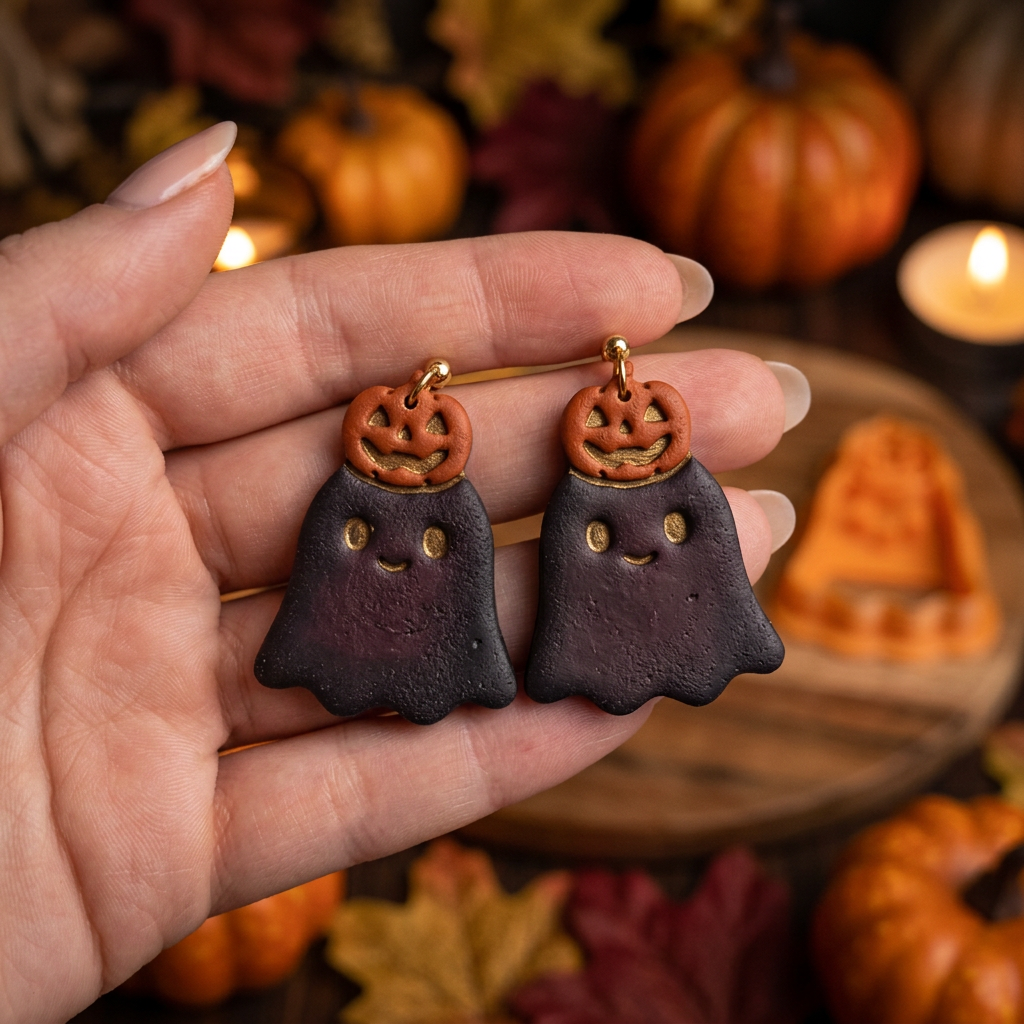 Cheerful Ghost with Pumpkin Hat Polymer Clay Cutter | Cute Halloween Tool