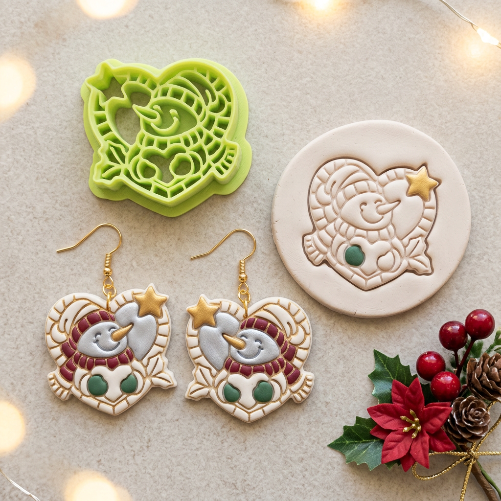 Cheerful Snowman in a Heart Frame Polymer Clay Cutter | Christmas Tool