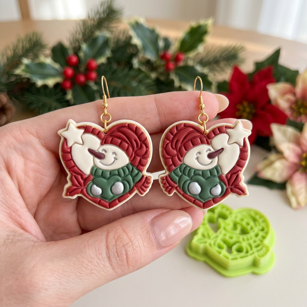 Cheerful Snowman in a Heart Frame Polymer Clay Cutter | Christmas Tool