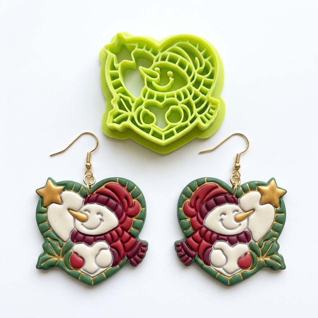 Cheerful Snowman in a Heart Frame Polymer Clay Cutter | Christmas Tool