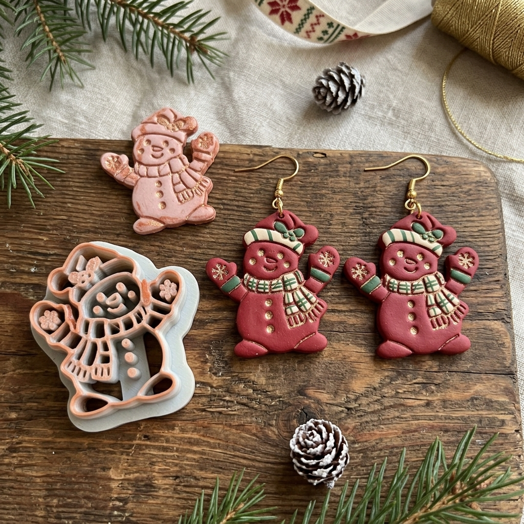 Cheerful Snowman with Holly and Mittens Polymer Clay Cutter | Christmas Tool