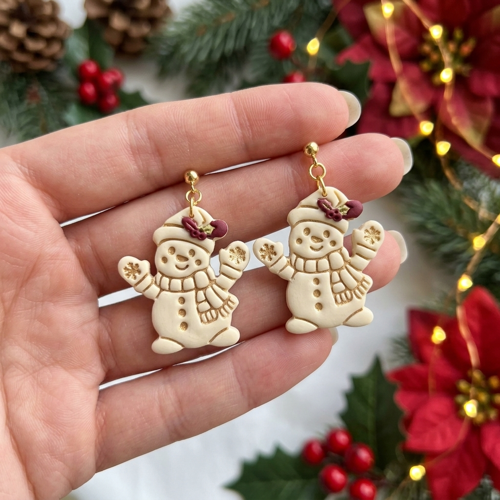 Cheerful Snowman with Holly and Mittens Polymer Clay Cutter | Christmas Tool