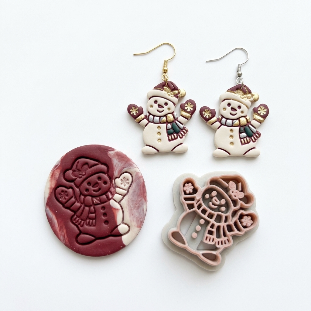 Cheerful Snowman with Holly and Mittens Polymer Clay Cutter | Christmas Tool