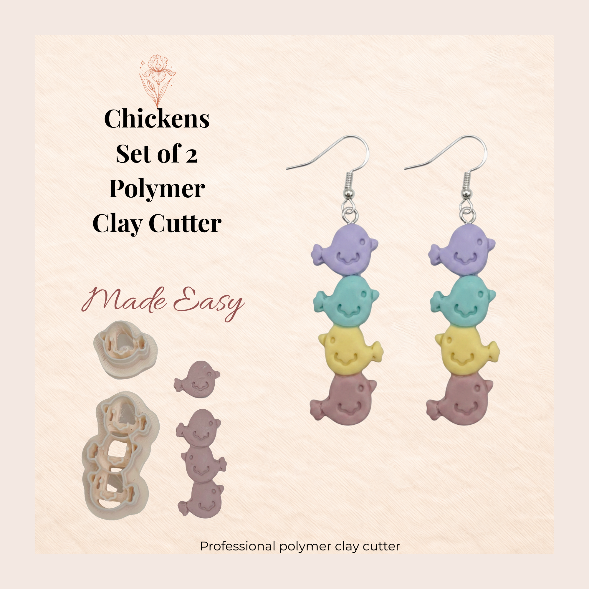 Chickens Set of 2 Polymer Clay Cutters 30–50mm | Farm Animal Earring Cutter | IrisCrafts7