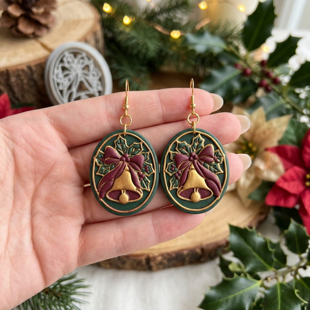 Christmas Bell and Holly Oval Polymer Clay Cutter | Festive Earring Tool