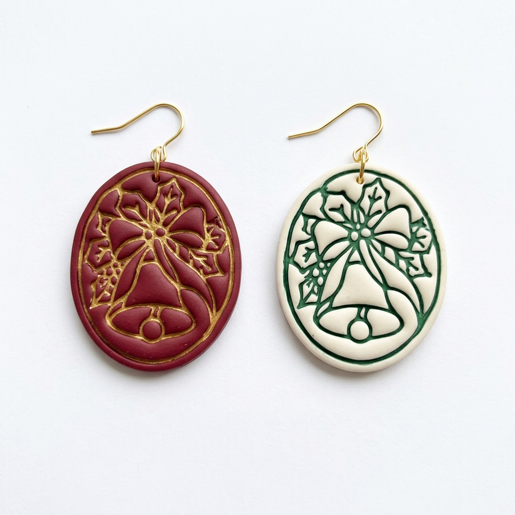 Christmas Bell and Holly Oval Polymer Clay Cutter | Festive Earring Tool