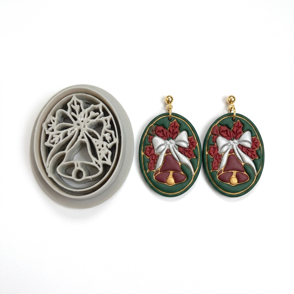 Christmas Bell and Holly Oval Polymer Clay Cutter | Festive Earring Tool