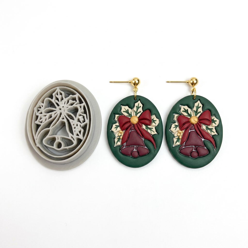 Christmas Bell and Holly Oval Polymer Clay Cutter | Festive Earring Tool