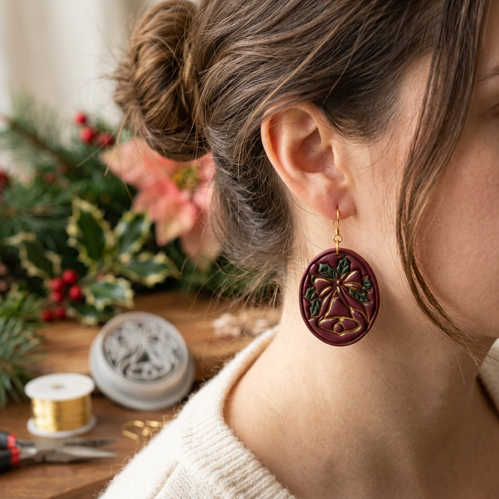Christmas Bell and Holly Oval Polymer Clay Cutter | Festive Earring Tool