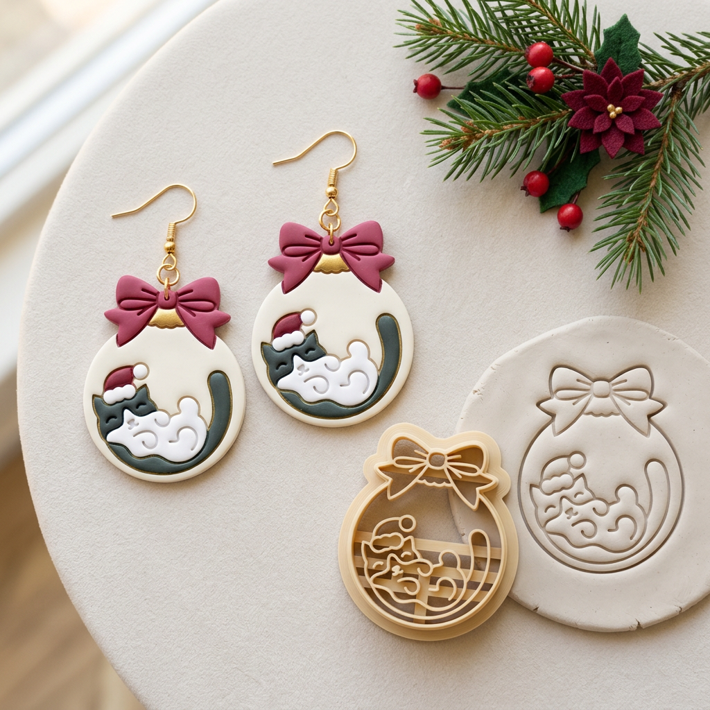 Christmas Cat Ornament Polymer Clay Cutter | Cute Festive Earring Tool