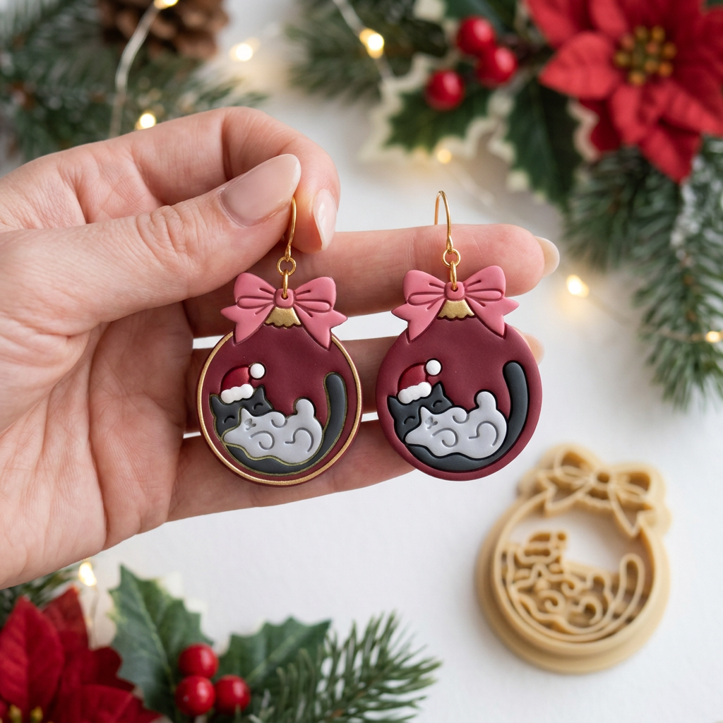 Christmas Cat Ornament Polymer Clay Cutter | Cute Festive Earring Tool