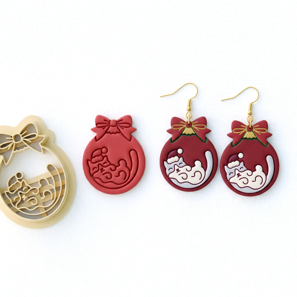 Christmas Cat Ornament Polymer Clay Cutter | Cute Festive Earring Tool