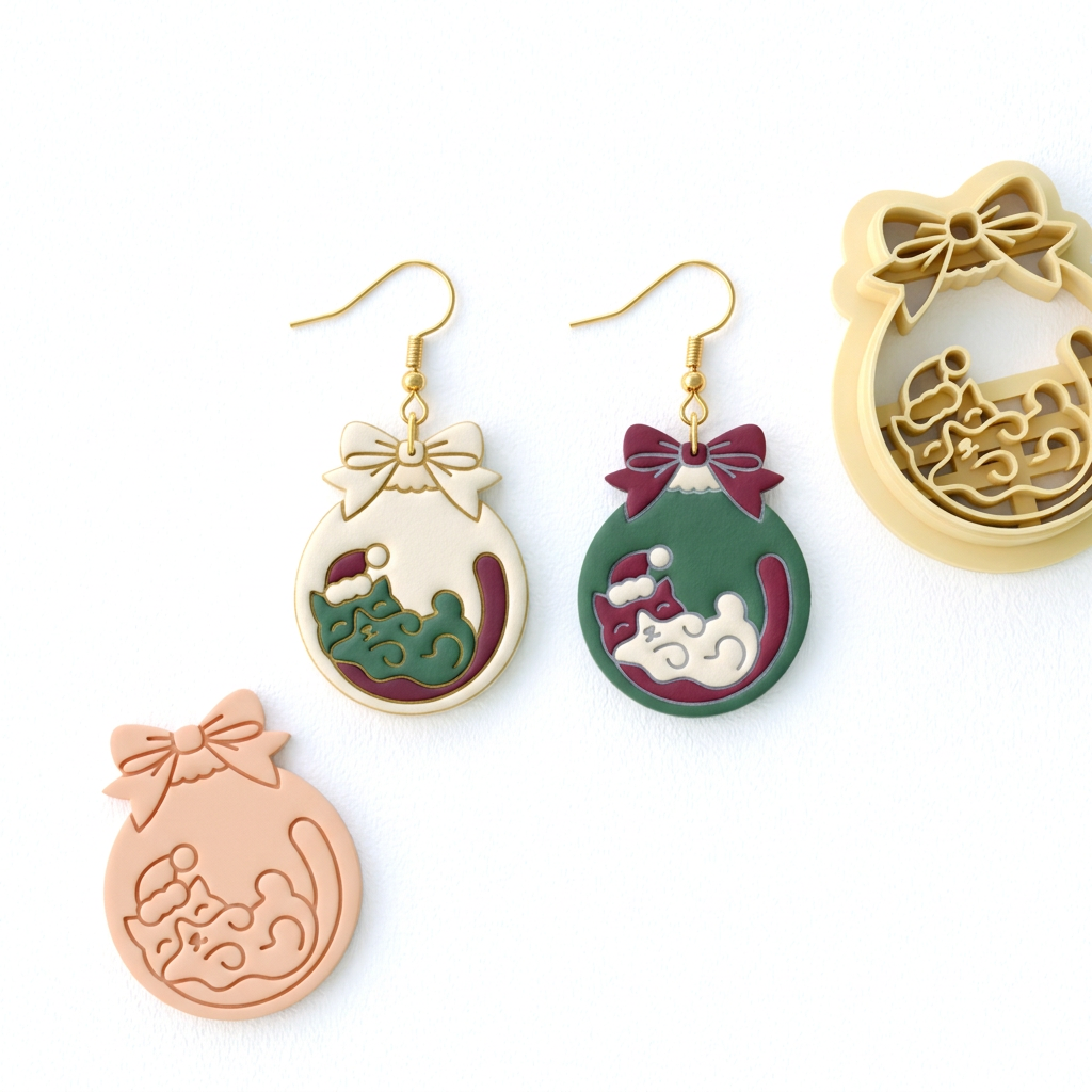 Christmas Cat Ornament Polymer Clay Cutter | Cute Festive Earring Tool