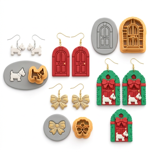 Christmas Door with Wreath and Dog Set Polymer Clay Cutter | Festive Tool
