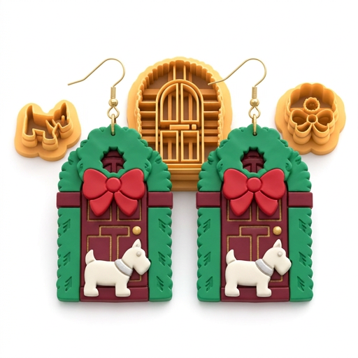 Christmas Door with Wreath and Dog Set Polymer Clay Cutter | Festive Tool