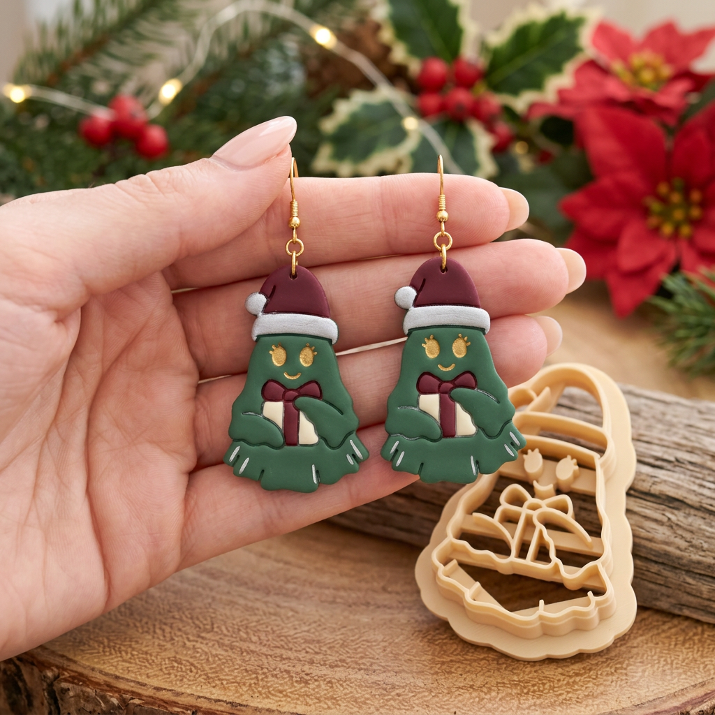 Christmas Ghost with Gift Polymer Clay Cutter | Cute Festive Earring Tool