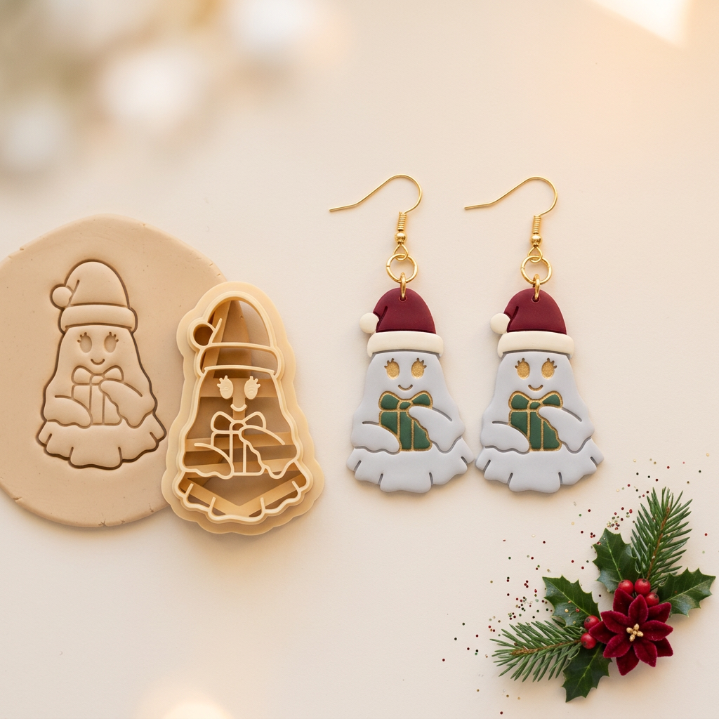 Christmas Ghost with Gift Polymer Clay Cutter | Cute Festive Earring Tool