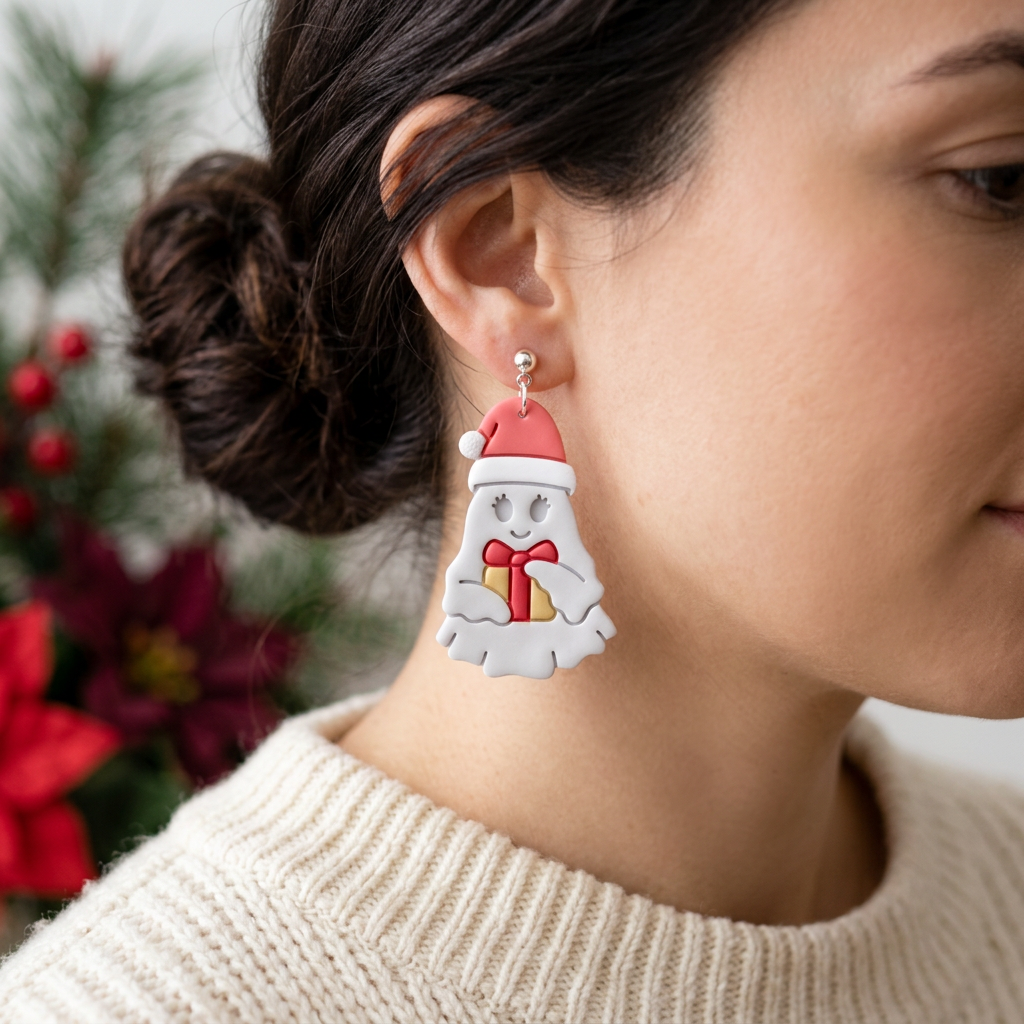 Christmas Ghost with Gift Polymer Clay Cutter | Cute Festive Earring Tool