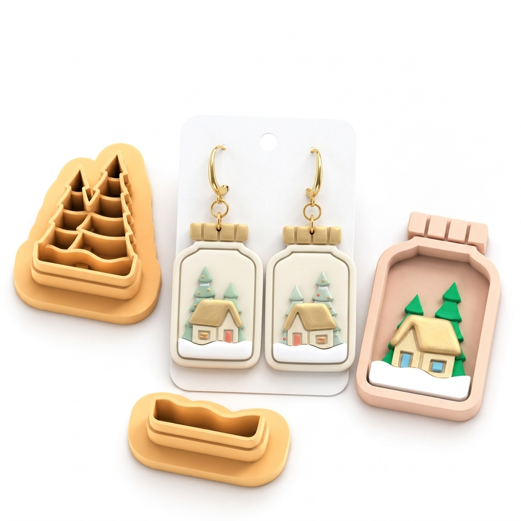 Christmas Jar with House Polymer Clay Cutter Set | Festive Earring Tool