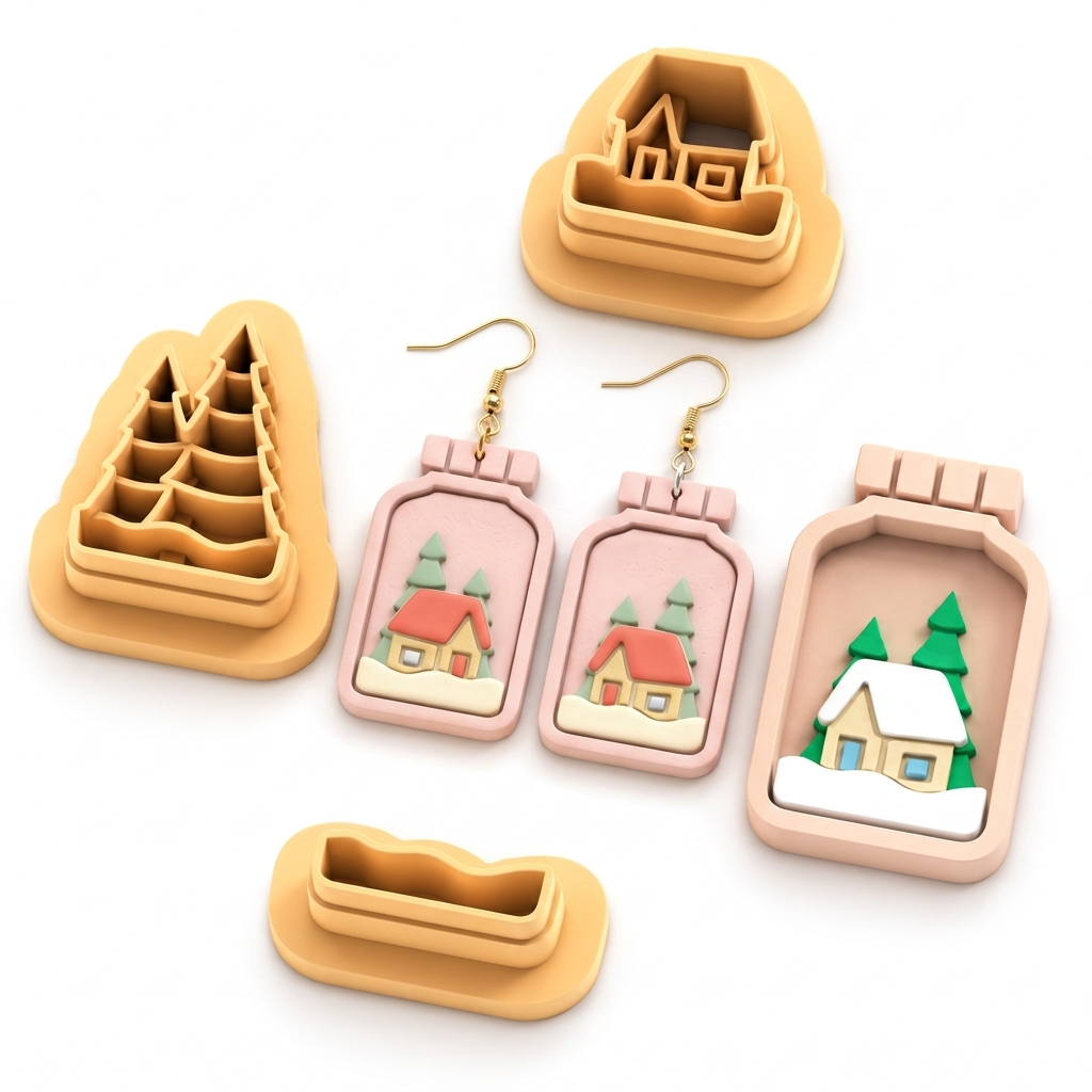 Christmas Jar with House Polymer Clay Cutter Set | Festive Earring Tool
