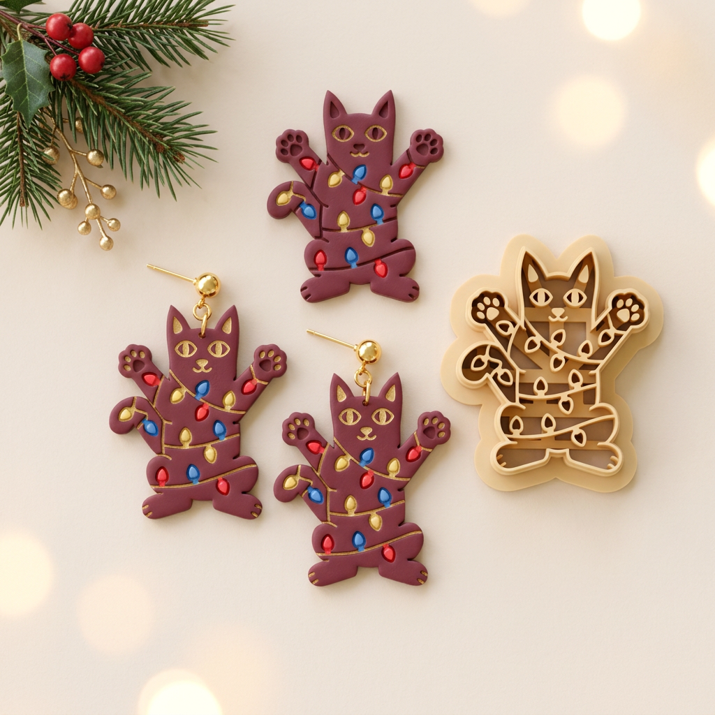 Christmas Light Cat Polymer Clay Cutter | Cute Festive Earring Tool
