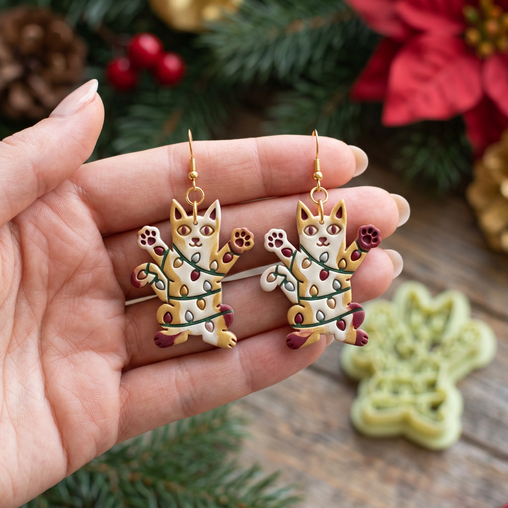 Christmas Light Cat Polymer Clay Cutter | Cute Festive Earring Tool