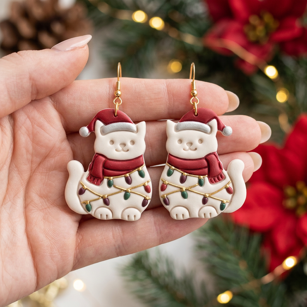 Christmas Lights Cat with Santa Hat Polymer Clay Cutter | Festive Tool