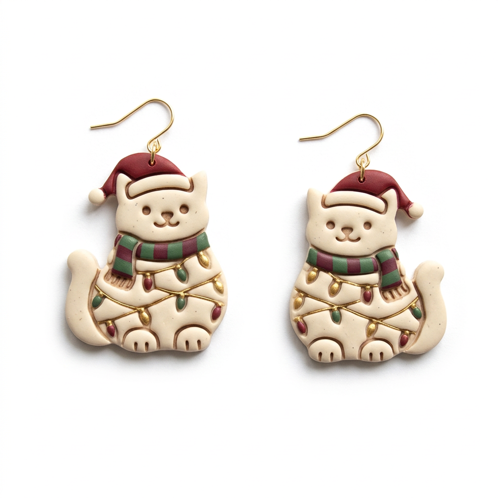 Christmas Lights Cat with Santa Hat Polymer Clay Cutter | Festive Tool