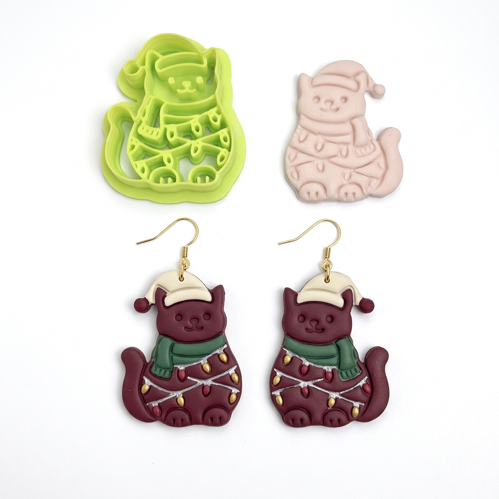 Christmas Lights Cat with Santa Hat Polymer Clay Cutter | Festive Tool