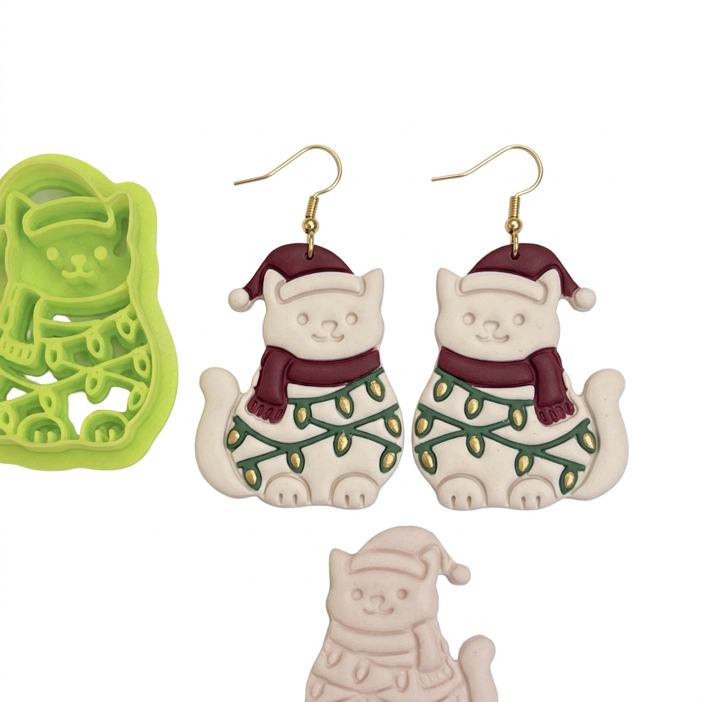 Christmas Lights Cat with Santa Hat Polymer Clay Cutter | Festive Tool