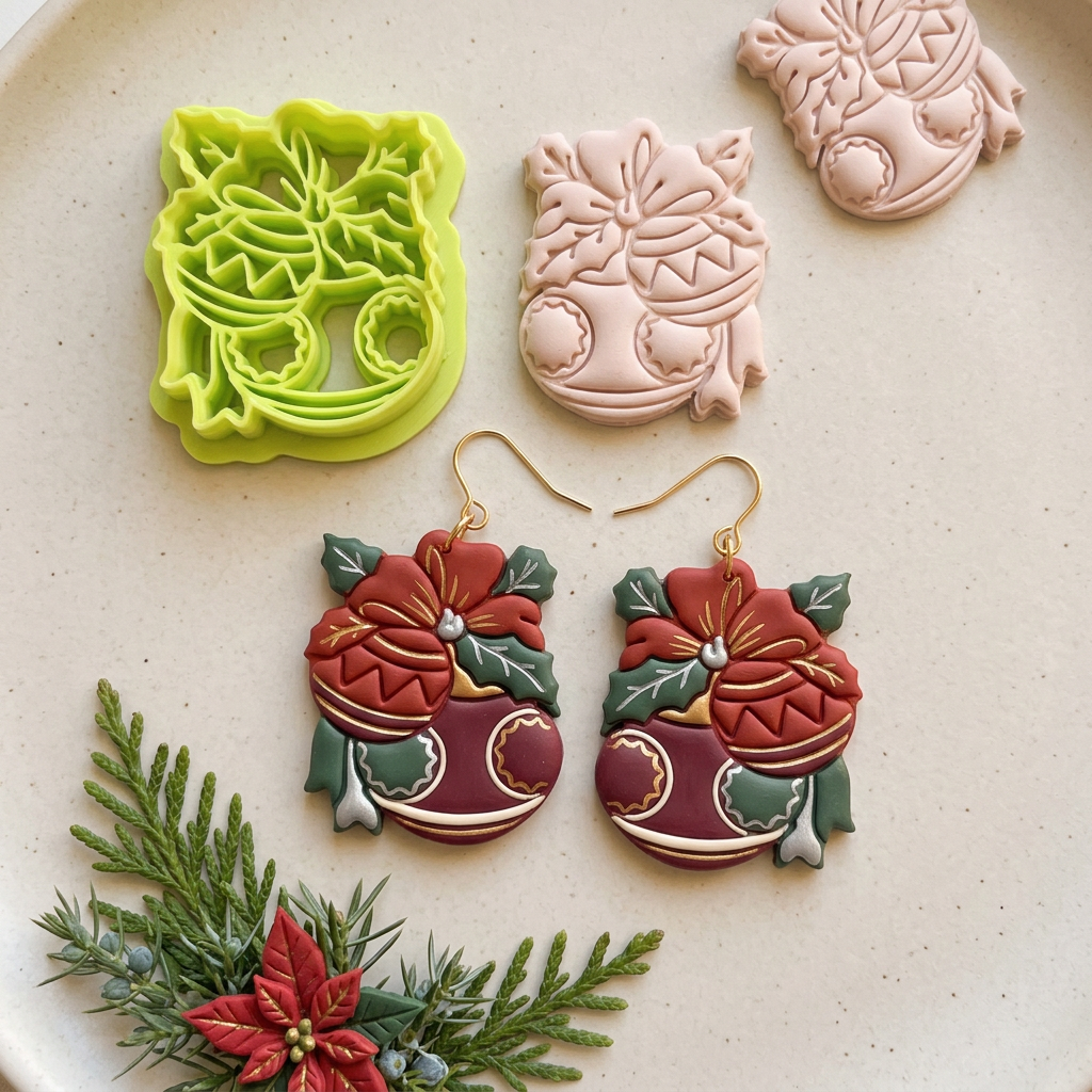 Christmas Ornaments with Bow and Holly Polymer Clay Cutter | Festive Tool