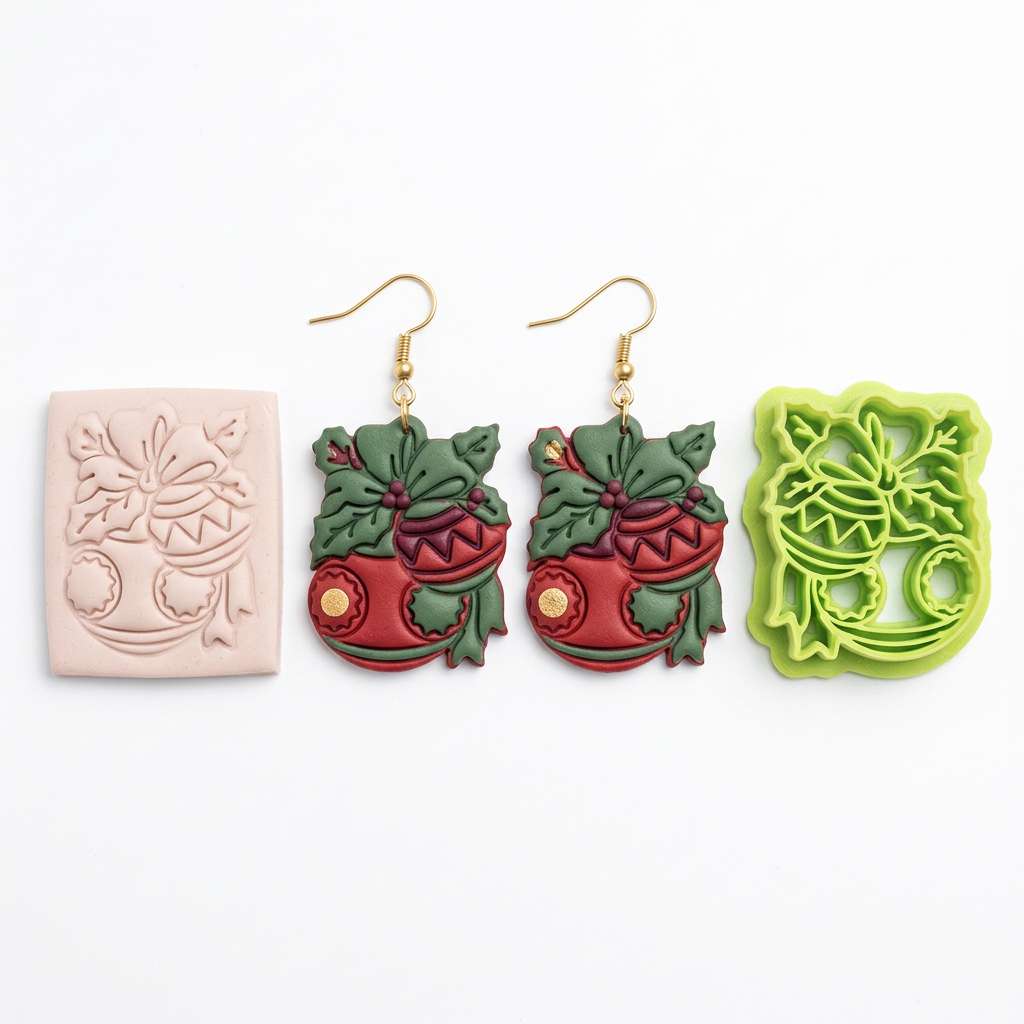 Christmas Ornaments with Bow and Holly Polymer Clay Cutter | Festive Tool
