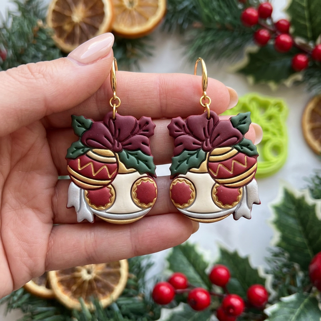 Christmas Ornaments with Bow and Holly Polymer Clay Cutter | Festive Tool