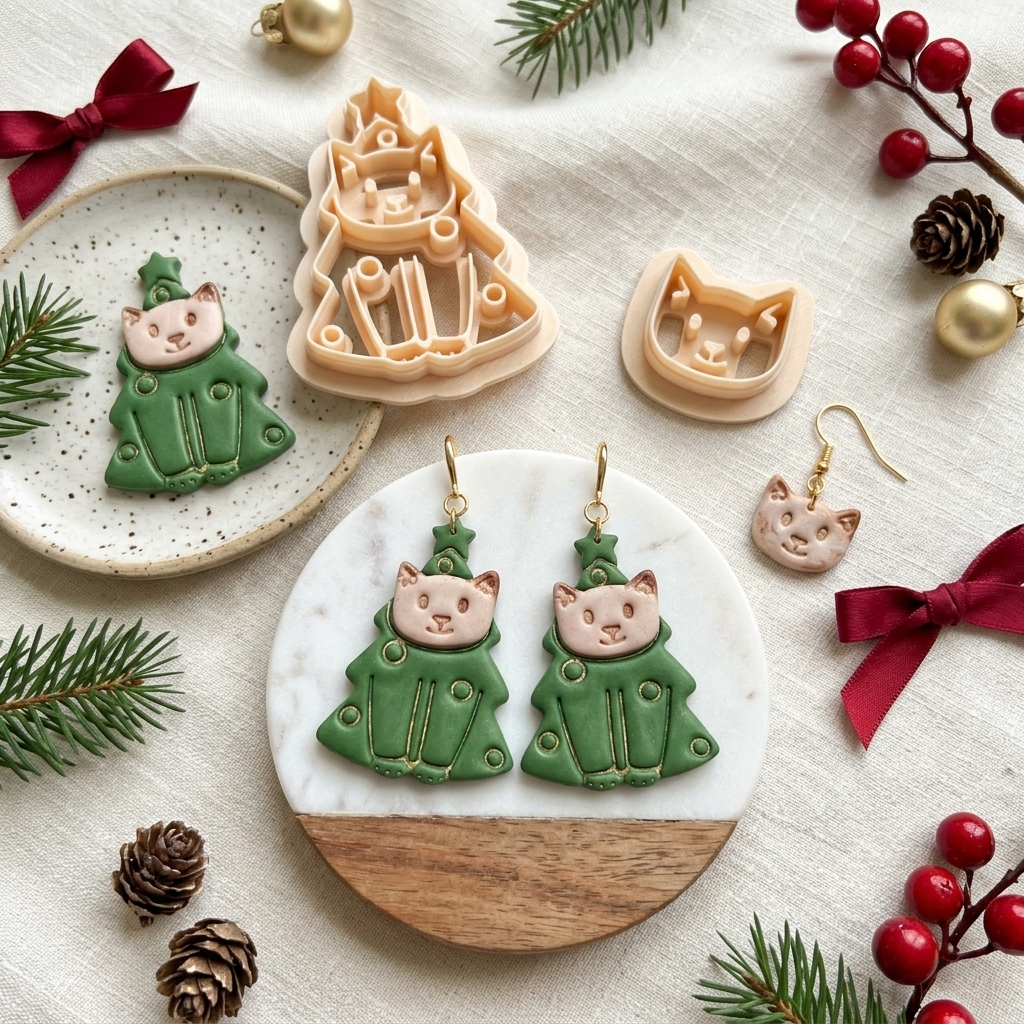 Christmas Tree Cat 2 Polymer Clay Cutter Set of 2 | Festive Earring Tool