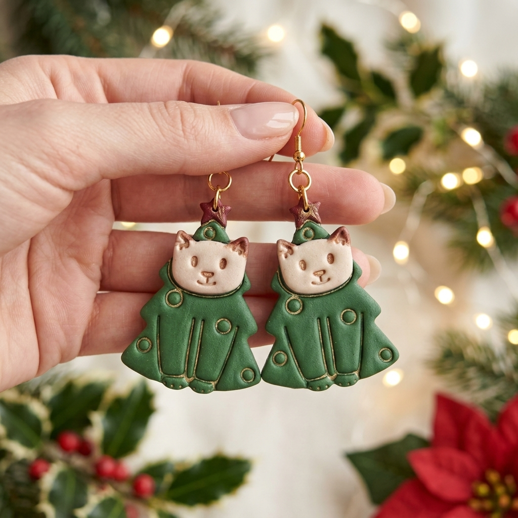 Christmas Tree Cat 2 Polymer Clay Cutter Set of 2 | Festive Earring Tool