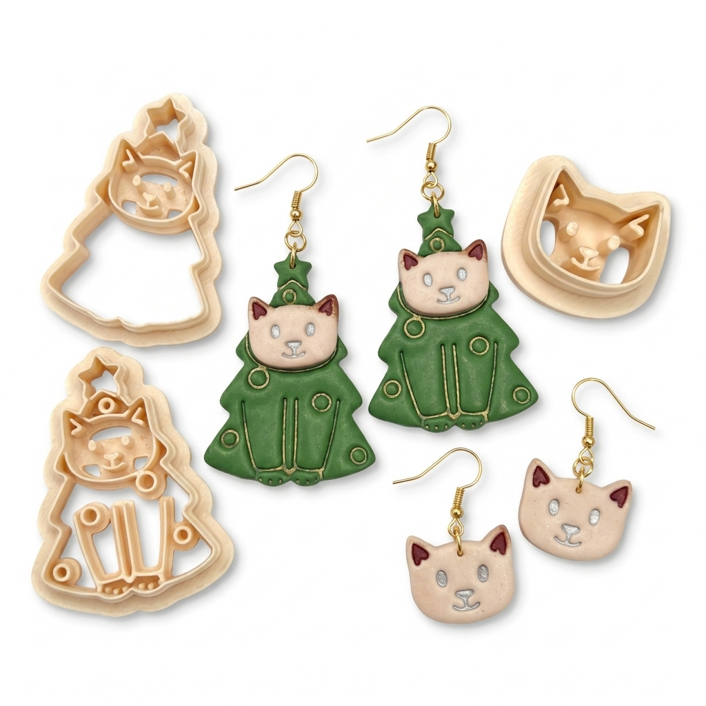 Christmas Tree Cat 2 Polymer Clay Cutter Set of 2 | Festive Earring Tool