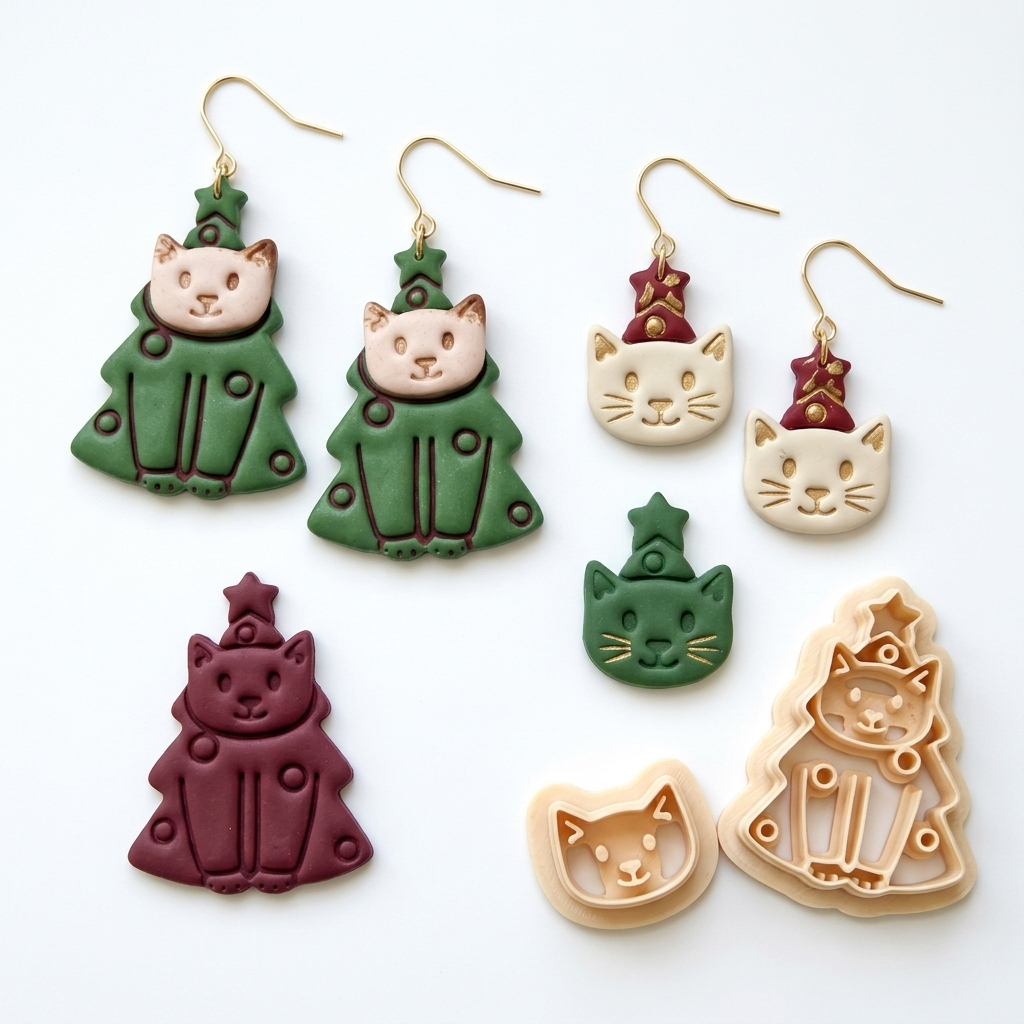 Christmas Tree Cat 2 Polymer Clay Cutter Set of 2 | Festive Earring Tool