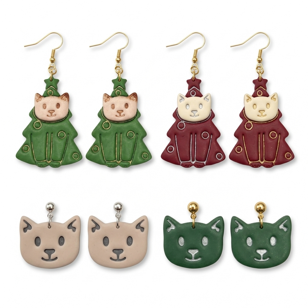 Christmas Tree Cat 2 Polymer Clay Cutter Set of 2 | Festive Earring Tool