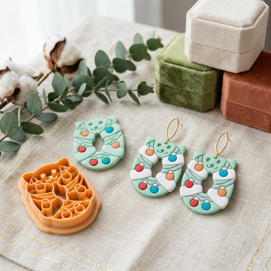 Christmas Wreath Cat Polymer Clay Cutter | Festive Earring Tool