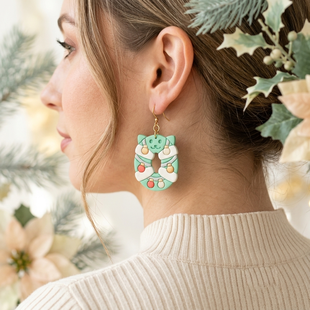 Christmas Wreath Cat Polymer Clay Cutter | Festive Earring Tool