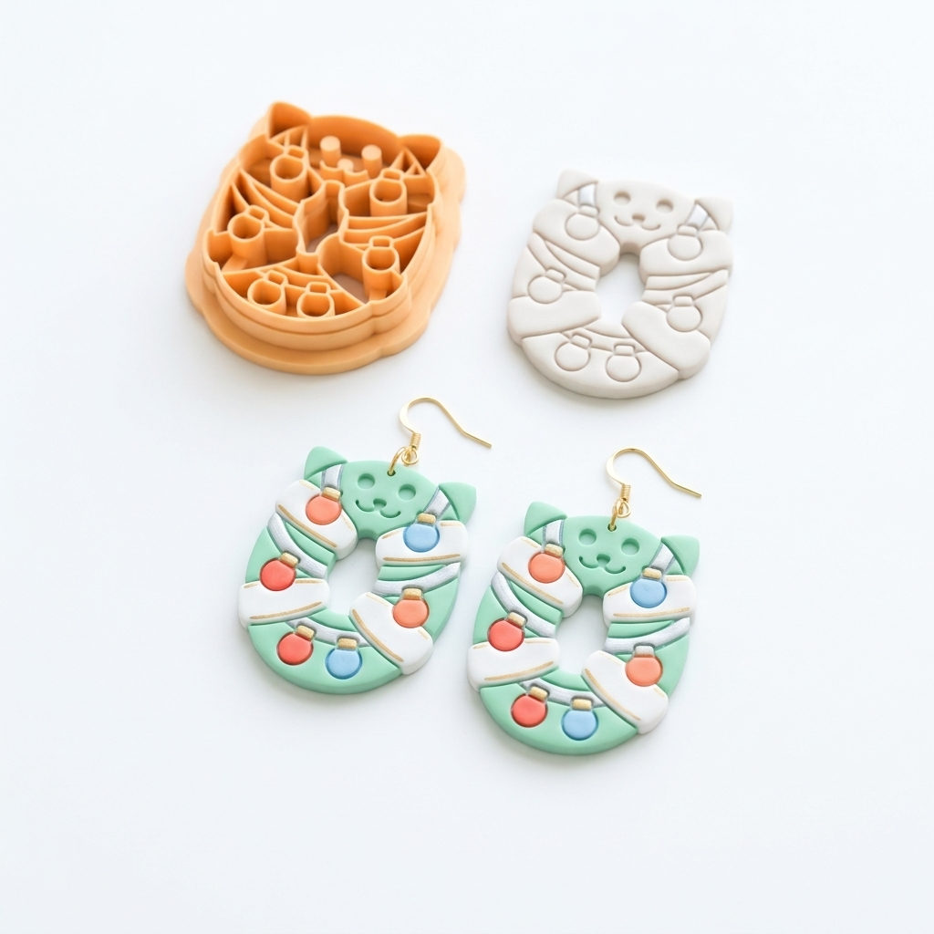 Christmas Wreath Cat Polymer Clay Cutter | Festive Earring Tool
