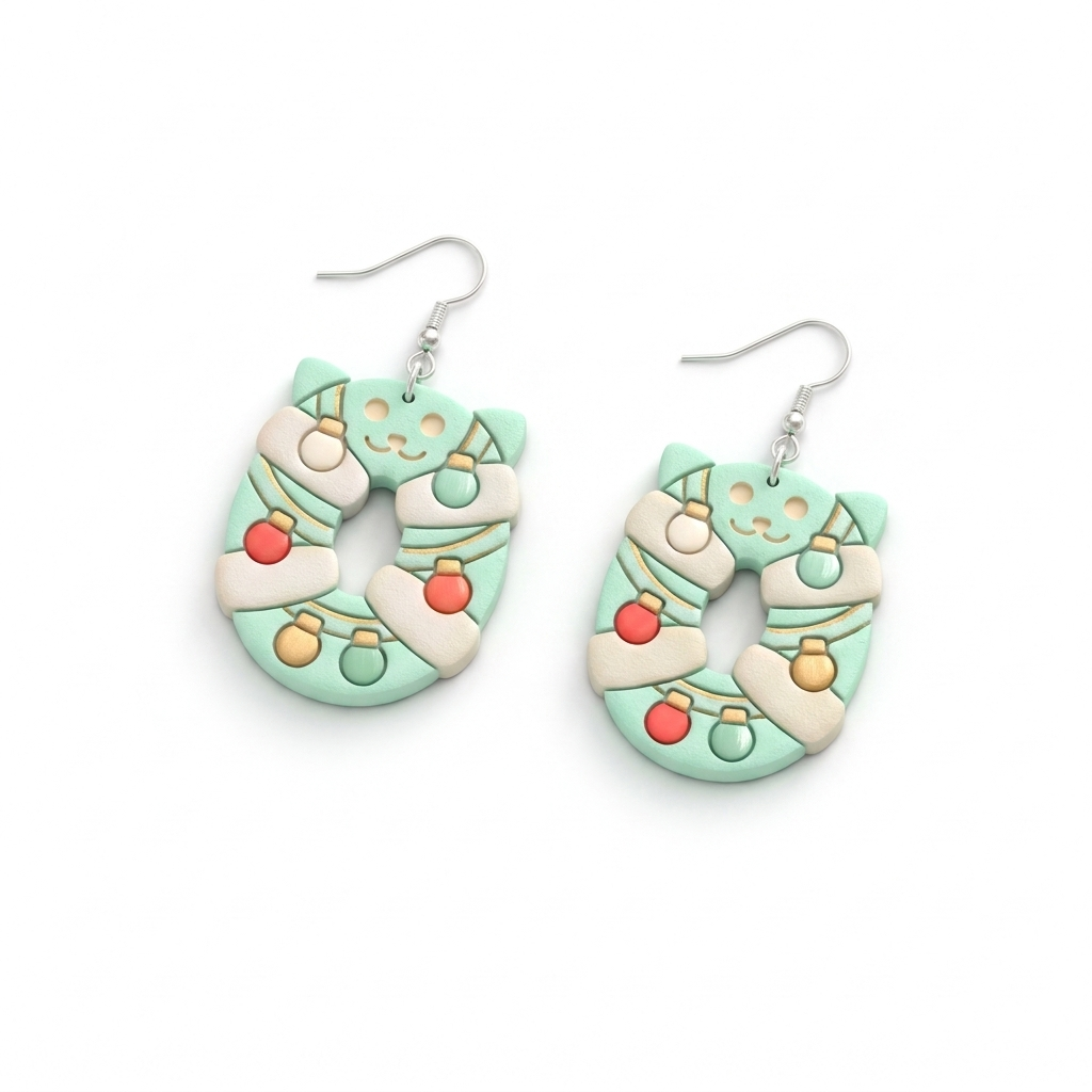 Christmas Wreath Cat Polymer Clay Cutter | Festive Earring Tool